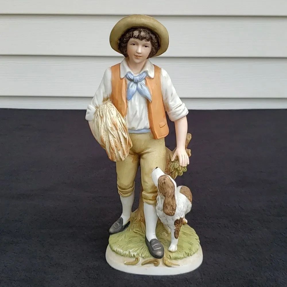 Vintage Homco Farm Boy with Wheat and Dog Porcelain Figurine #8805